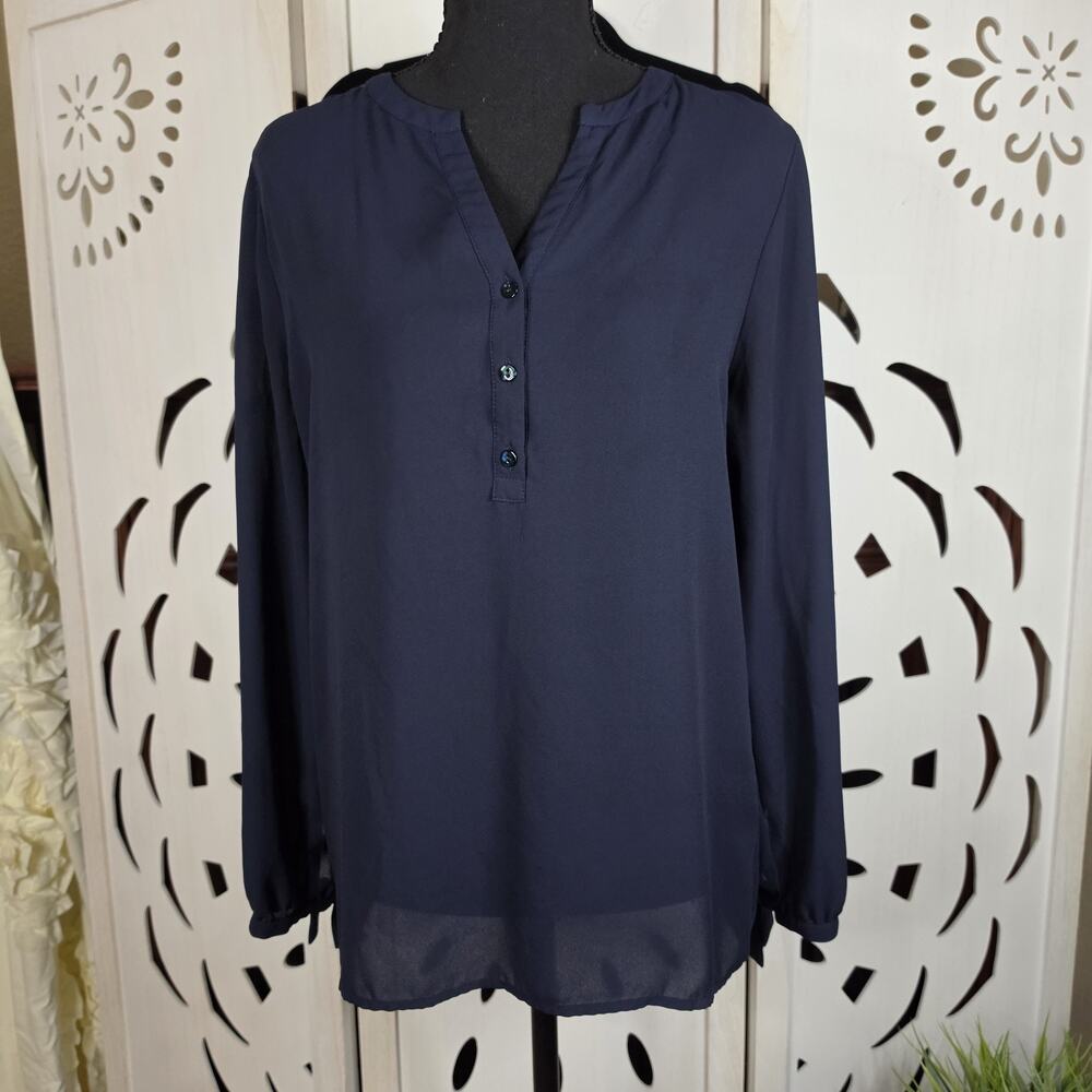 Womens Violet & Claire Navy Blue Sheer Blouse Long Bow Sleeve Cuff Size Small